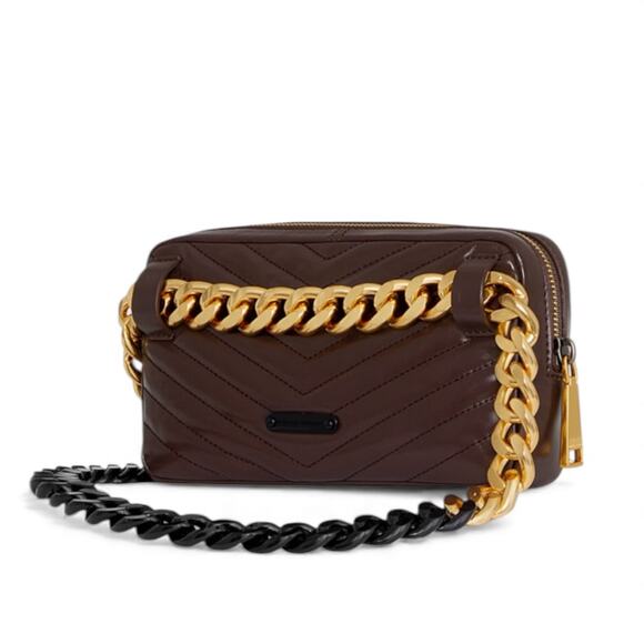 Rebecca Minkoff Edie Crossbody Belt Bag Brown Quilted Leather Clutch Chain Strap - Picture 2 of 15